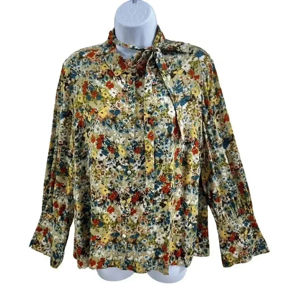 J Jill Women M Wheat Button Down Floral Blouse Fabric Buttons Bell Sleeve Career - Picture 1 of 16